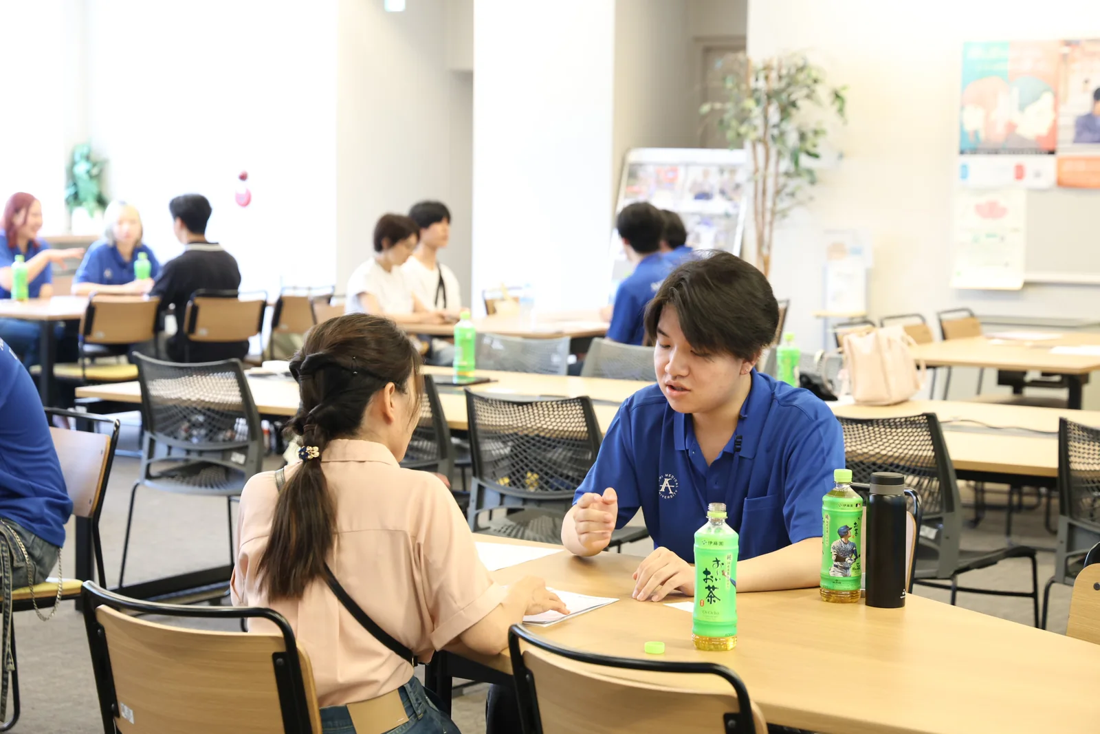 医学部生が参加者へ学生生活について説明する様子